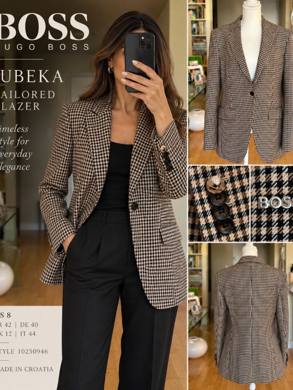 Never worn BOSS Jubeka 10250946 Houndstooth Check Blazer — Women’s US 8 - Picture 2 of 11